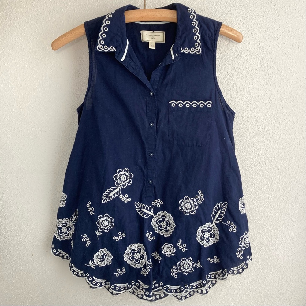Anthropologie Moulinette Soeurs Navy Button Front Embroidered Blouse Top Size 0